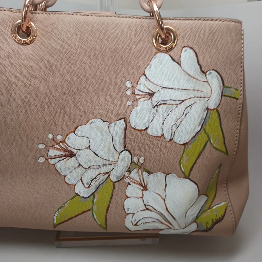 Michael Kors Cynthia Tote Neutral Tan Saffiano Leather Hand Painted Floral Bag
